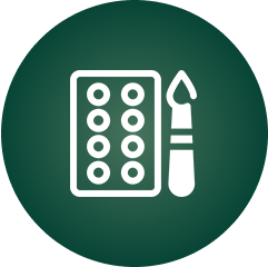Icon of a paint palette with ten circular colors and a paintbrush on a dark green background.