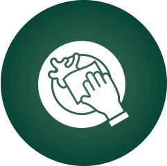 Icon of a hand wiping a soapy dish with a cloth, set against a dark green circular background.