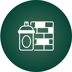 Icon depicting a spray paint can and a brick wall on a dark green circular background.