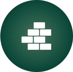 White brick wall icon on a dark green circular background.
