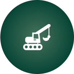 Icon of a white crane on a dark green circular background. The crane features a long arm with a hook and sits on tracked wheels.