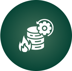 Icon of stacked disks with a flame and a gear symbol, suggesting data management or server maintenance with a risk or emergency element.