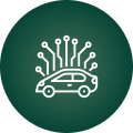 A car icon with circuit lines extending from the top, symbolizing technology integration in vehicles, on a dark green circular background.