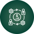 Group 1321317161 Icon depicting a circular flow with dollar sign and graph in the center, surrounded by two gears and two person outlines, connected by arrows, on a green background.