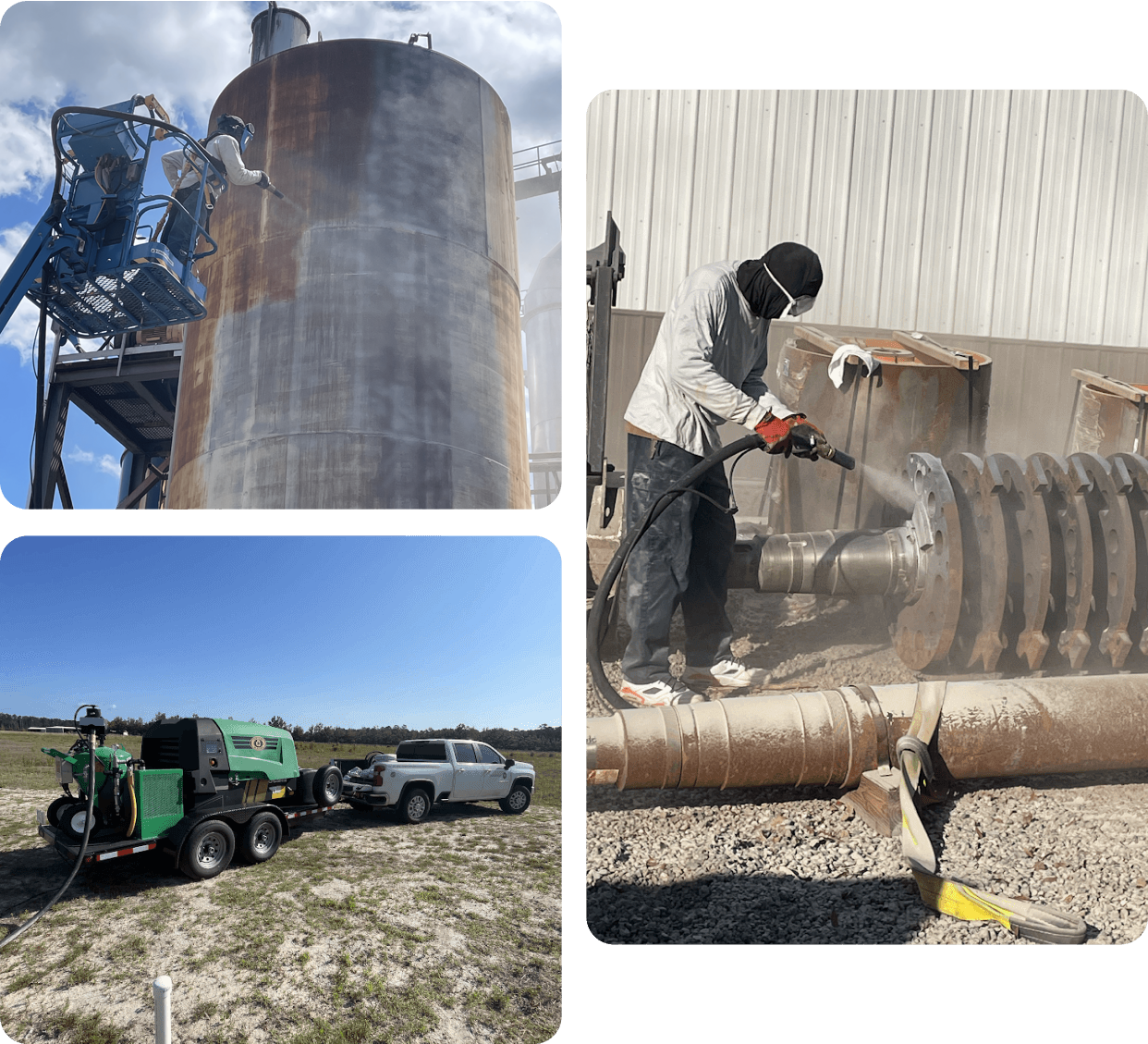 A collage of photos with men working on a tank.
